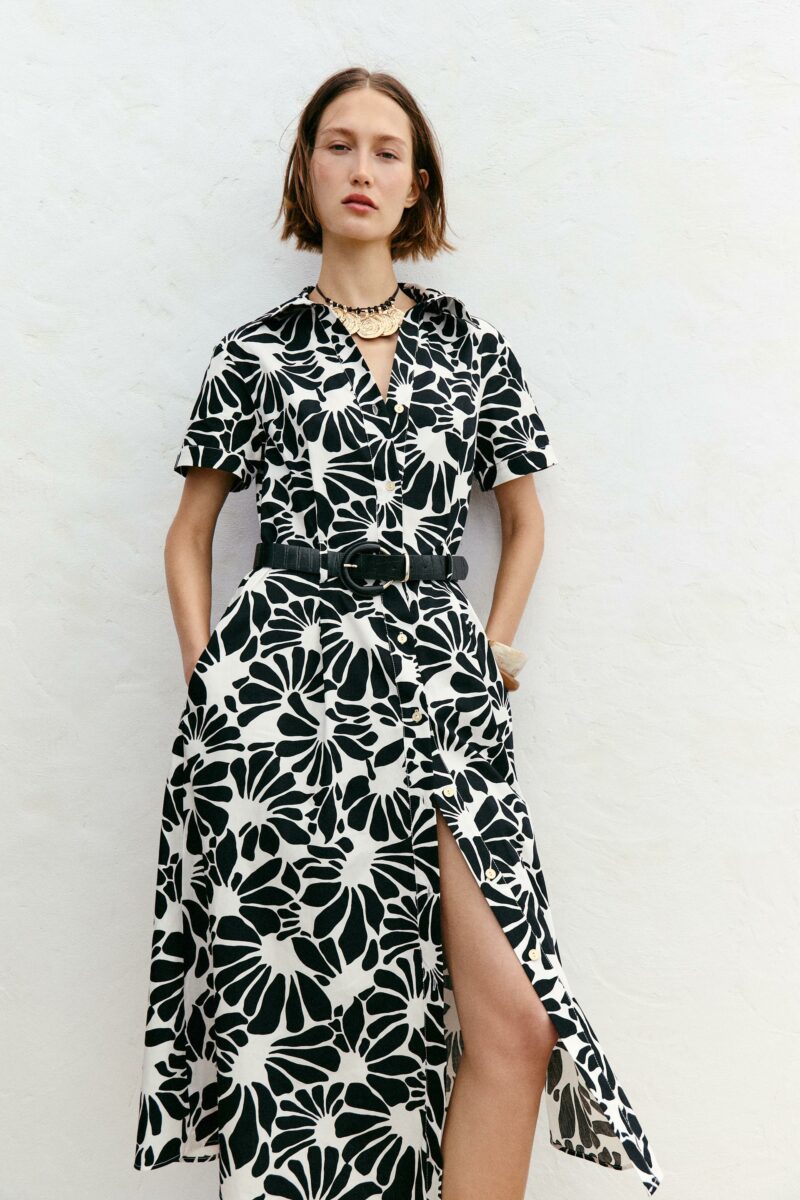 ROBE MIDI EN POPELINE IMPRIMÉE CEINTURE