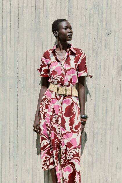 ROBE MIDI EN POPELINE IMPRIMÉE CEINTURE